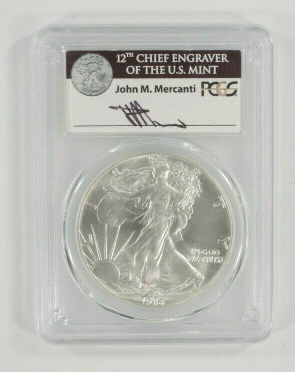 1986 $1 Silver American Eagle Graded by PCGS as MS69 First Strike Mercanti Sign