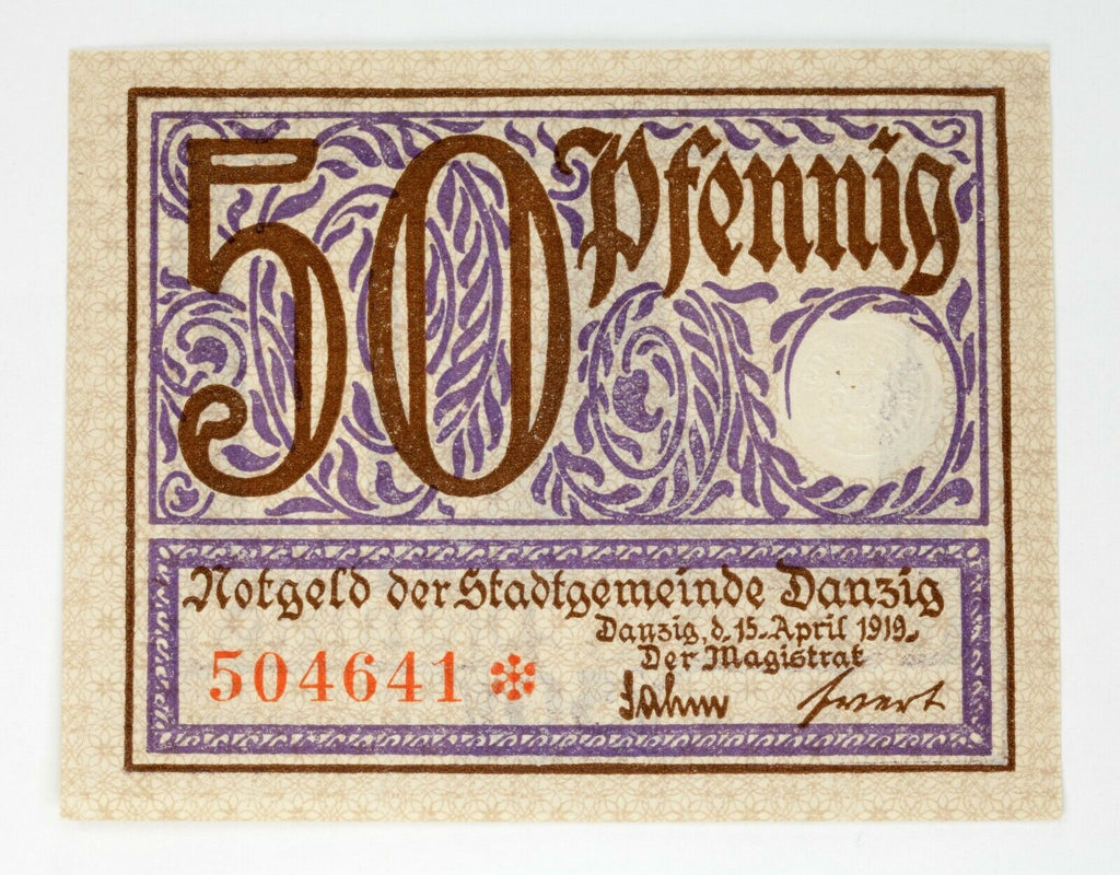 1919 Free City of Danzig 50 Pfennig Notgeld (Almost Uncirculated) Gdansk Poland