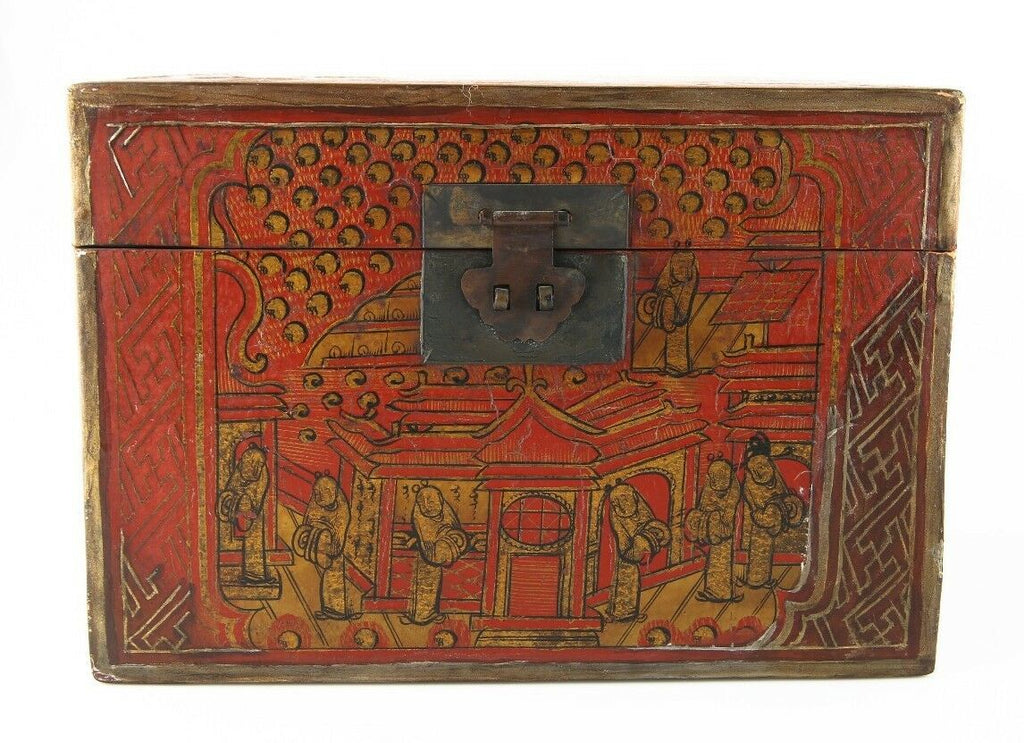 Antique Chinese Red & Gold Lacquer Wooden Box Hand-Painted Qing Dynasty w/ CoA