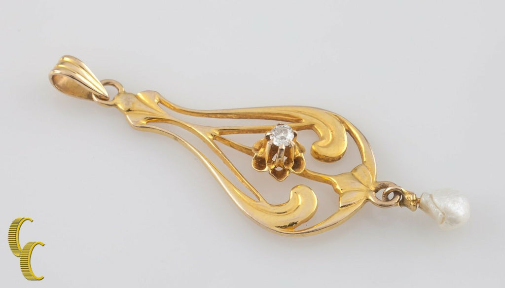 Diamond & Seed Pearl Vintage 14k Yellow Gold Pendant & Earring Set
