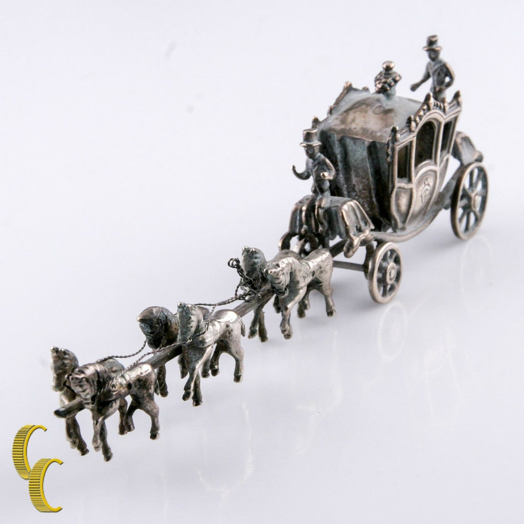 Miniature Men w/Horses & Carriage Silver Vintage Dollhouse Figurine