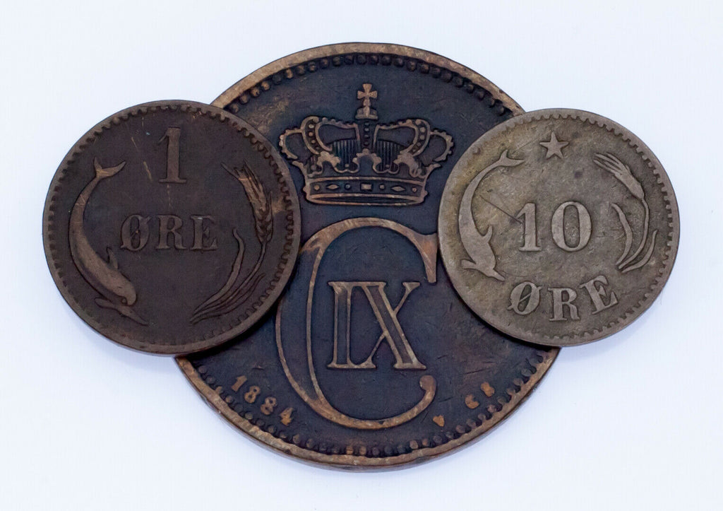 Lot of 3 Denmark Coins 1875 - 1884 Fine - VF Condition 1 - 10 Ore