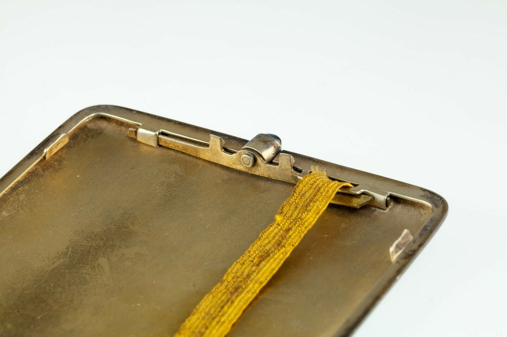 800 Silver German Hammered Cigarette Case w/ Blue Sapphire Cabochon Clasp 135.9g