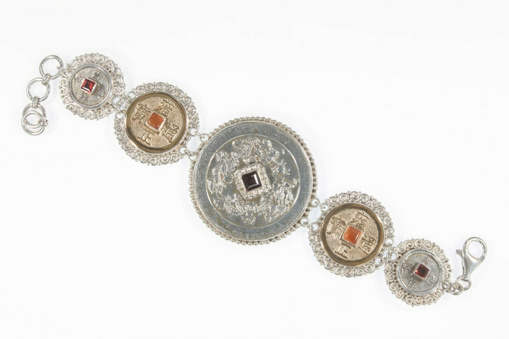 Sajen Chinese Coin Bracelet with Garnet and Carnelian Sterling Silver Bracelet