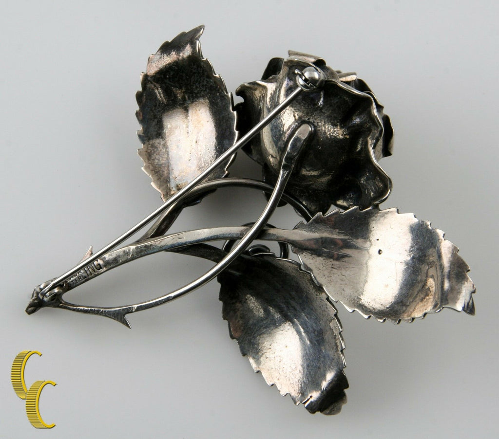 Vintage Sterling Silver Baur ING Rose Leaf Thorn Flower Brooch