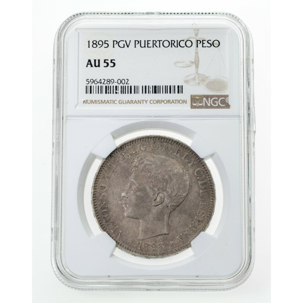 1895 PGV Puerto Rico Peso Silver Coin Graded AU-55 By NGC KM# 24