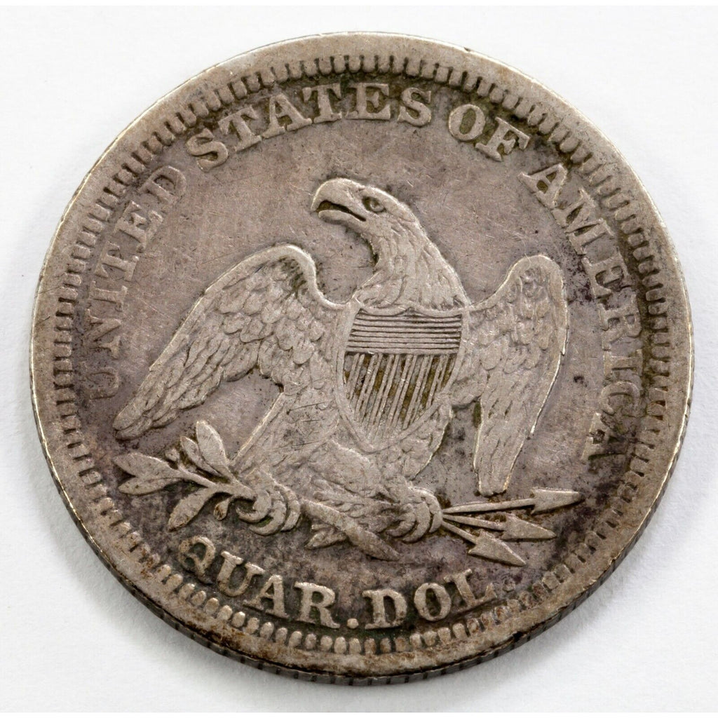 1857 25C Seated Liberty Quarter in Fine+ Condition, LIBERTY Bold and Clear