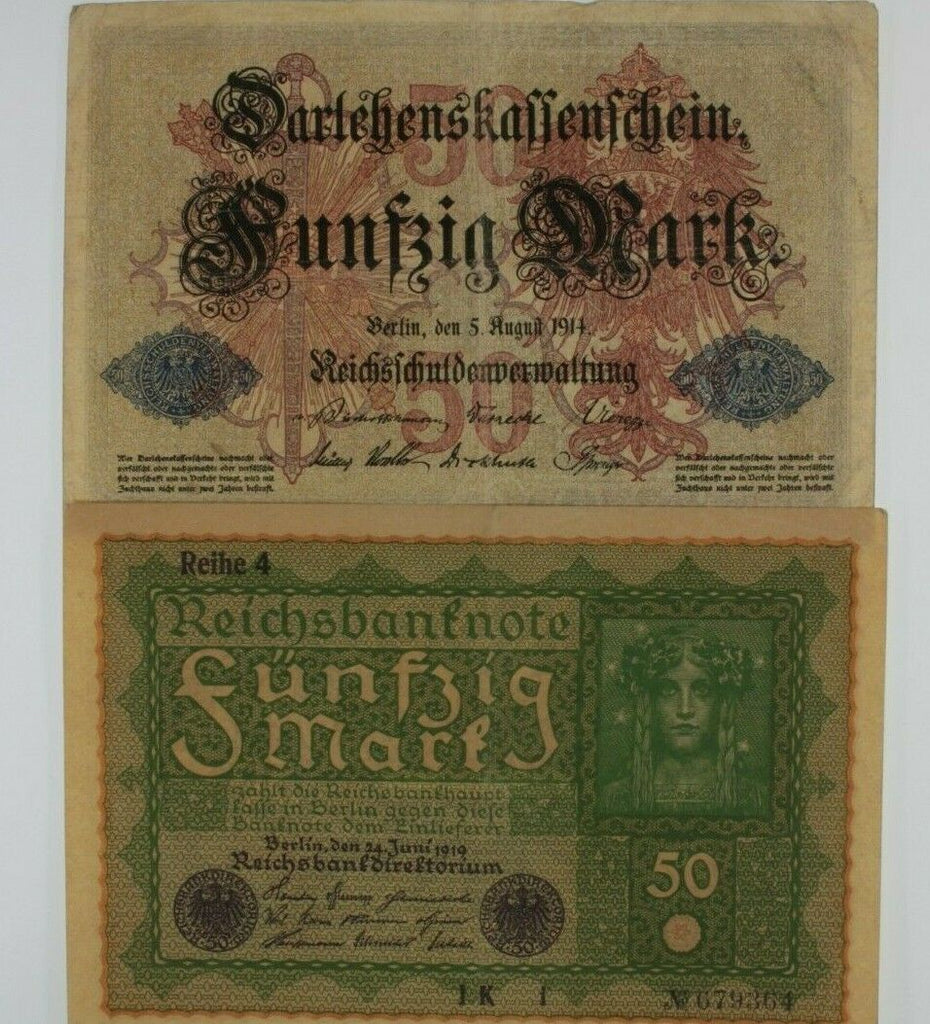 1914-1919 Germany 2-Note Currency Set // German Empire 50 Mark Banknotes