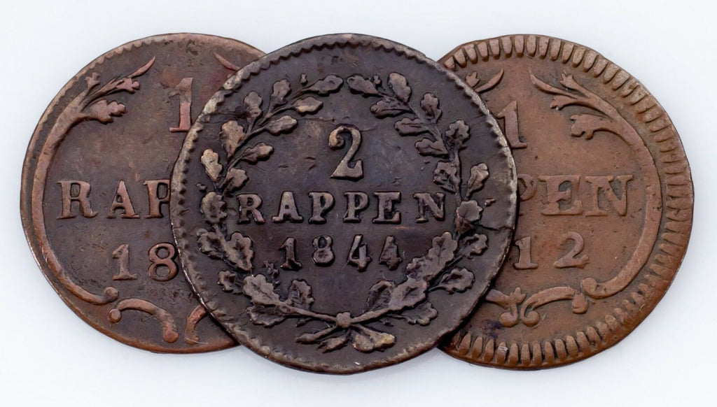 1812-1844 Swiss Cantons 1 & 2 Rappen Coin lot of 3 (VF-AU)