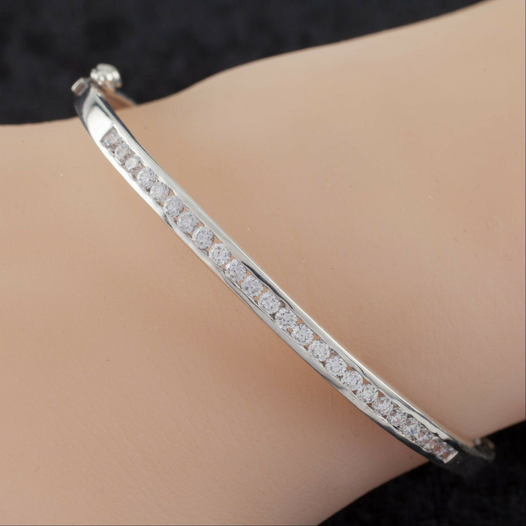 Sterling Silver Bangle w/ Channel Set Round Cubic Zirconias Gorgeous!