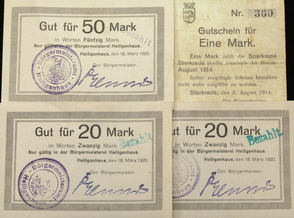 Germany Notgeld 4pc Lot - (1) 1914 Sterkrade & (3) 1920 Heilingenhaus