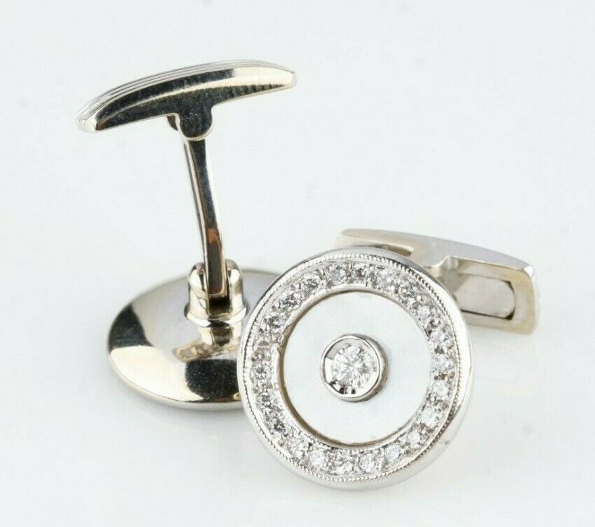 14k White Gold Diamond and Mother-of-Pearl inlay Men's Cufflinks w/ Certificate