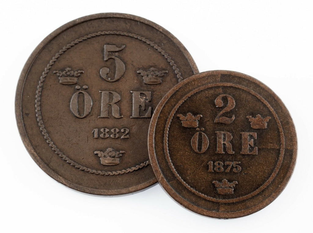 Sweden Lot of 2 Coins (1875 2 Ore VF, 1882 5 Ore VF+) Great Coin Lot!