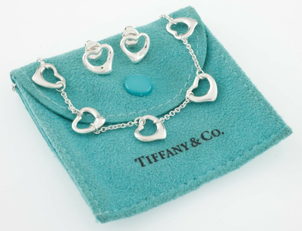 Tiffany & Co. Elsa Peretti Multi-Heart Chain Necklace and Stud Earring Set Pouch