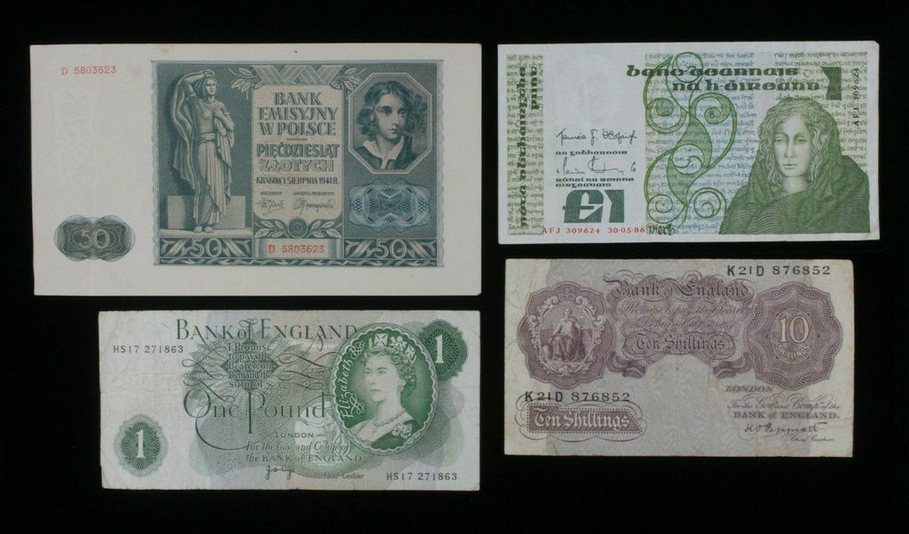 Great Britain, Ireland & Poland 4-Notes Set // Pounds, Shillings & Zlotych