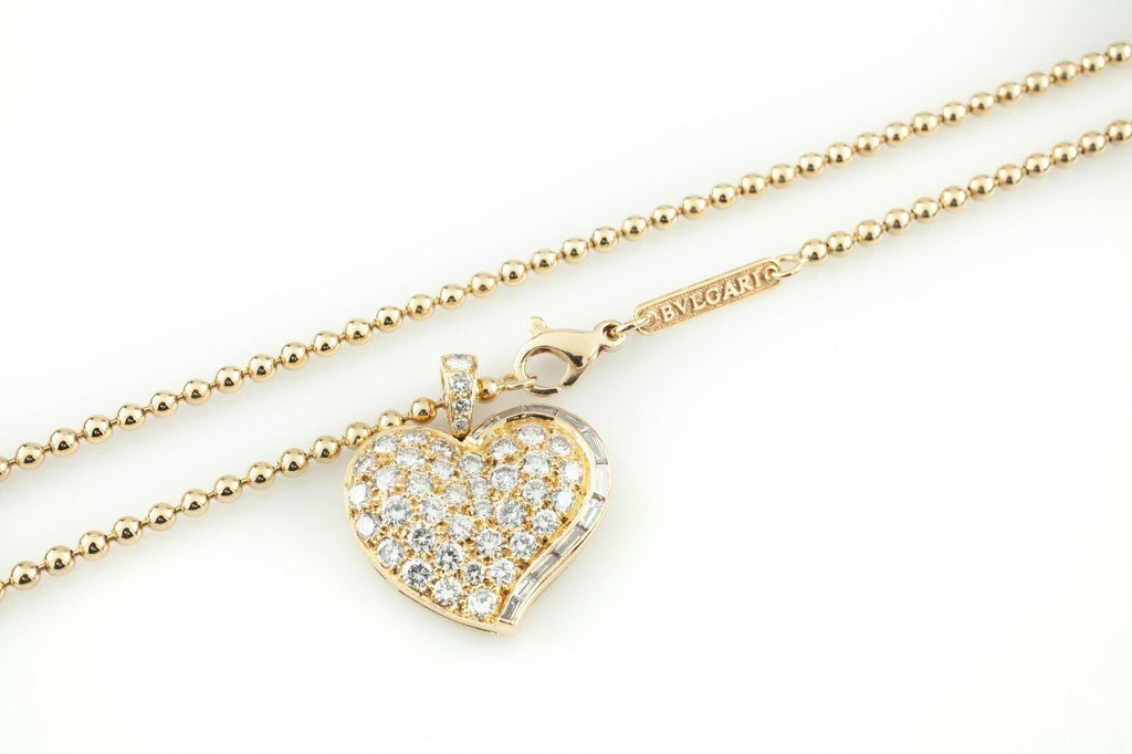 Bulgari Bvlgari Vintage 18k Yellow Gold Diamond Heart Pendant w/ Ball Chain