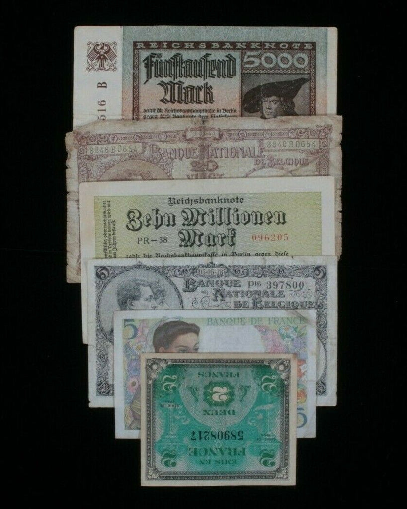 European Nations 6-Notes Currency Set // France & Belgium Francs, Germany Mark