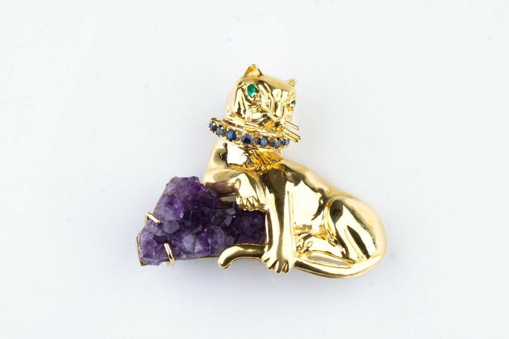 Cat with Geode Amethyst, Sapphire & Emerald 18K Yellow Gold Brooch