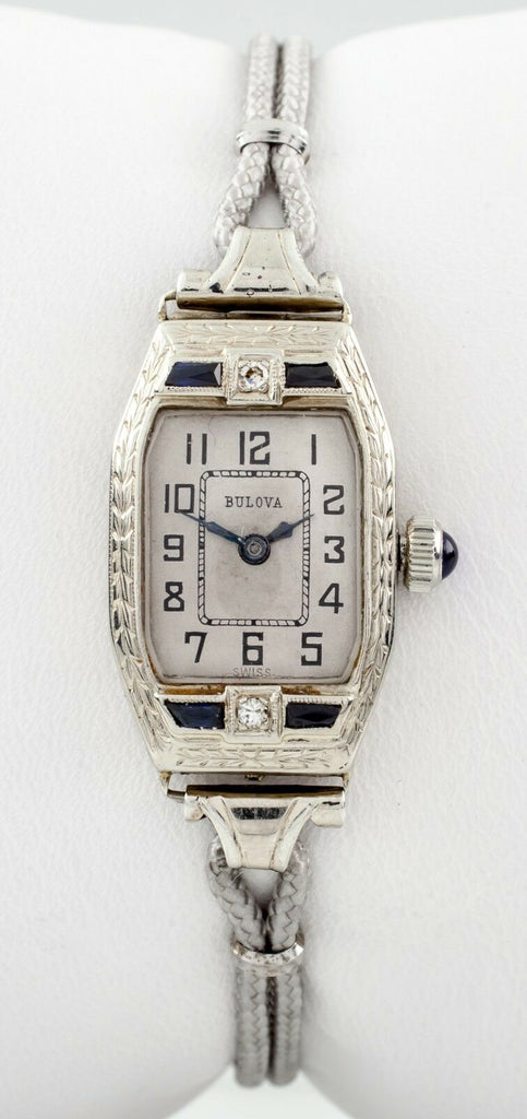 Bulova Women's Vintage 14k White Gold Hand-Winding Watch w/ Gray Cord Band