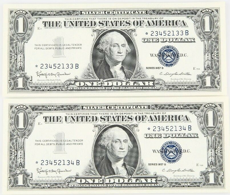 Lot of 2 Consecutive 1957 $1 Silver Certificate ☆ Star Notes UNC Condition