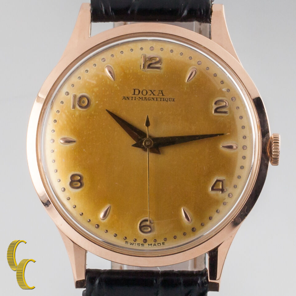 14k Rose Gold Doxa Hand-Winding Watch w/ Unique Patina Dial Black Leather Band