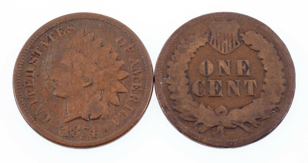Lot of 2 Indian Cents (1874 VG and 1875 Good), Brown Color for Both