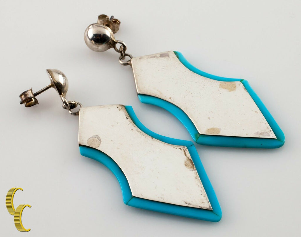 .925 Sterling Silver Shield Shaped With Turquoise Accsents Earrings