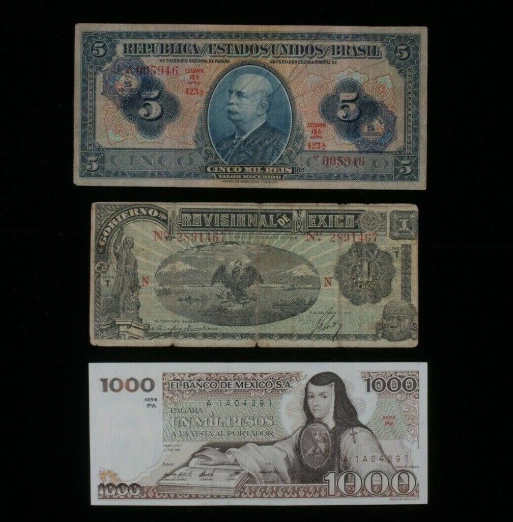 Mexico & Brazil 3-Notes Lot // Mexican 1-1000 Pesos & Brazilian 5 Cruzeiros