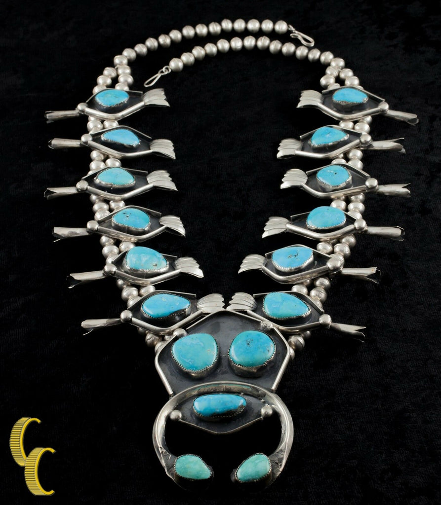 Navajo Turquoise & Sterling Silver Large Squash Blossom Necklace