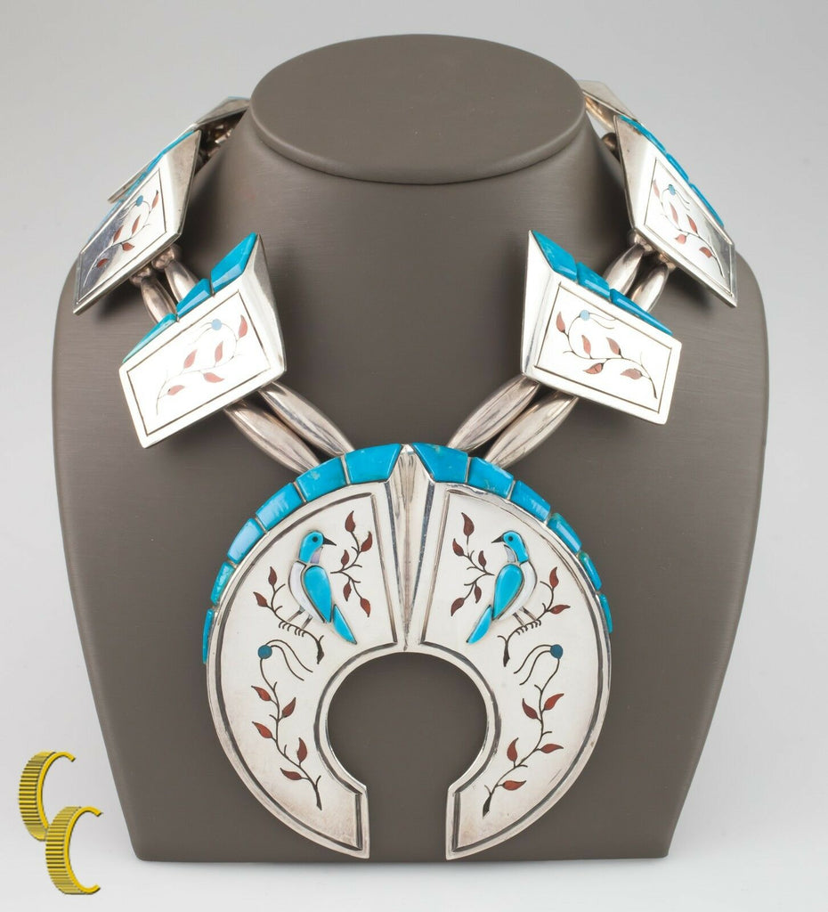 .925 Sterling Silver Turquoise Bird Accent Navajo Necklace
