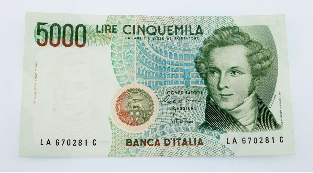 1985 Italy 5000 Lire Note AU Condition Pick #111a