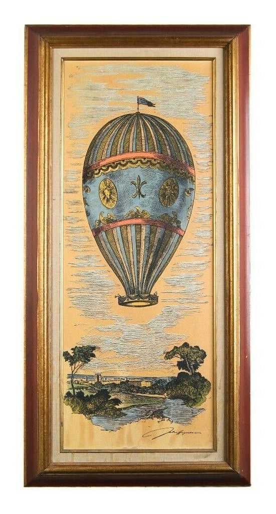 "Untitled" (Hot Air Balloon) Antique Print by Unknown Artist, Framed 36x18"