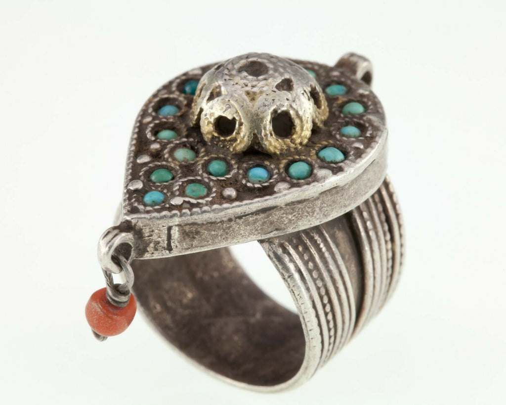 Silver Afghan Plaque Ring with Seed Turquoise Accents and Dangling Coral Beads