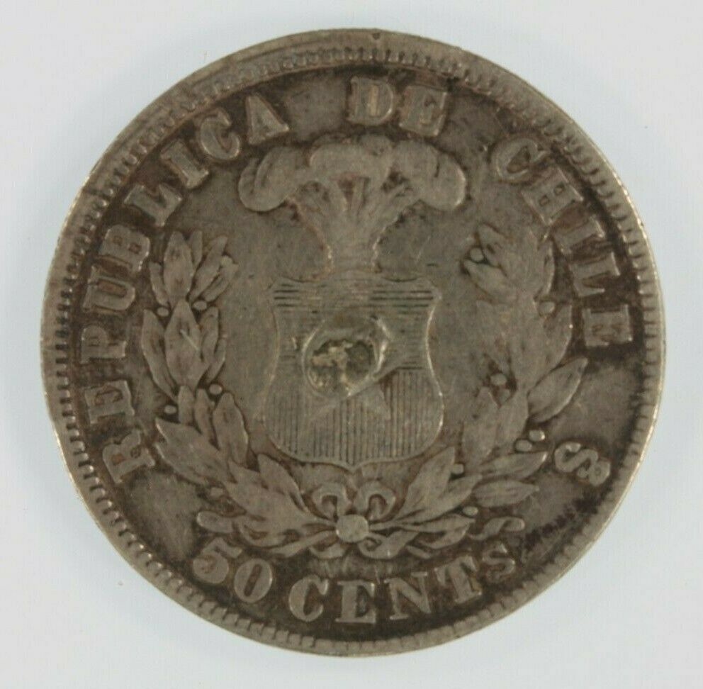 1870 Chile 50 Centavos Silver Coin // Very Fine (VF) 50c // KM#139
