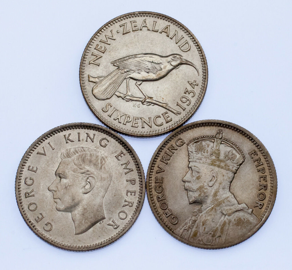 Lot of 3 New Zealand 6 Pence Silver Coins 1934 - 1943 XF - AU