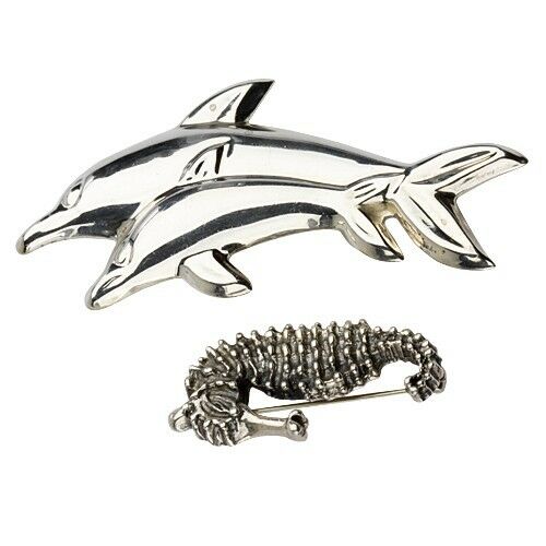 STERLING SILVER SEA CREATURES TWO BROOCHES, SEA HORSE, MOTHER & SON DOLPHINS