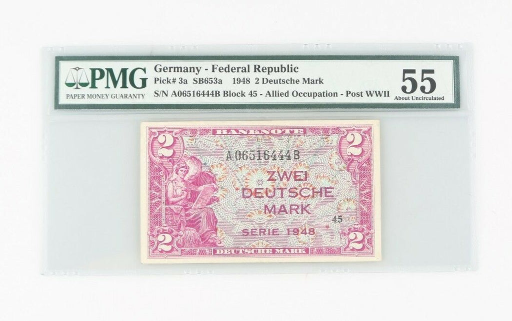 1948 Germany - Federal Republic 2 Deutsche Mark Pick# 3a PMG AU 55