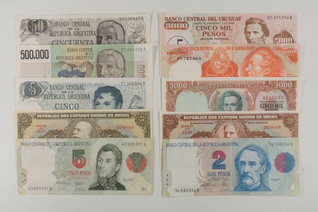 South American Nations 10-Notes Lot // Argentina, Brazil & Uruguay