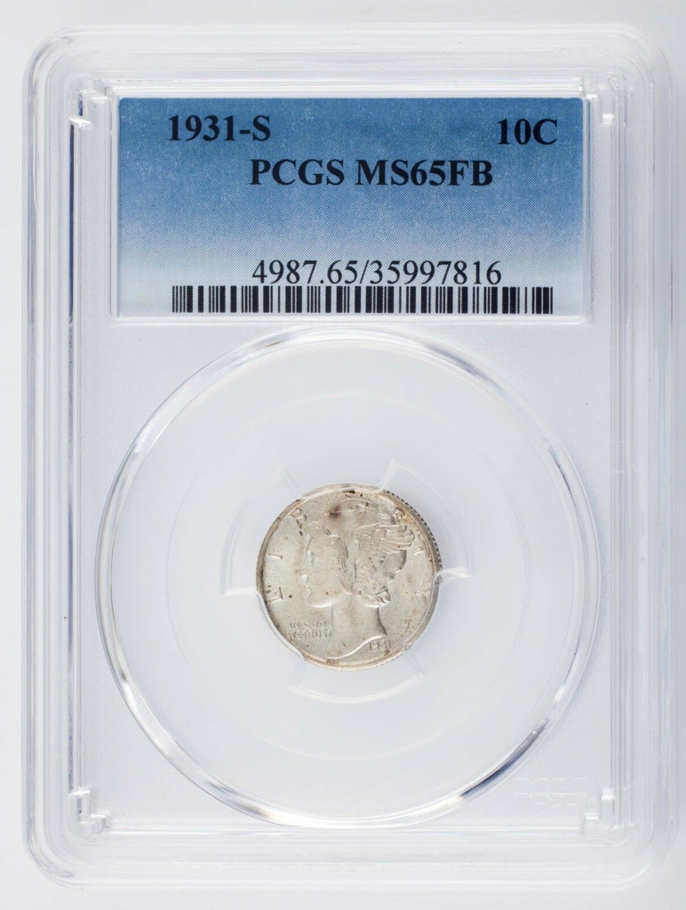 1931-S 10C Mercury Dime Graded by PCGS as MS65FB Full Bands! Rare Strike!