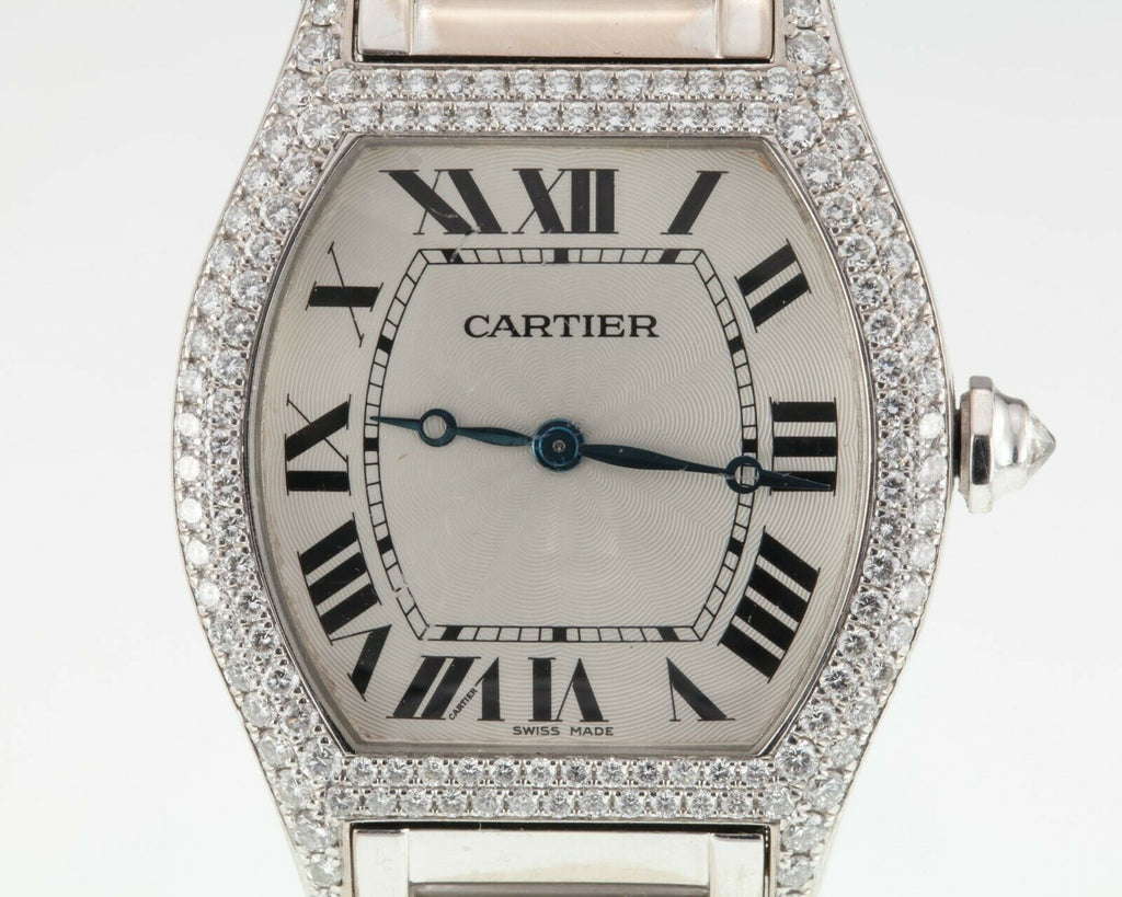 Cartier 18k White Gold Tortue Mechanical Watch w/ Factory Diamonds 2497 Gorgeous