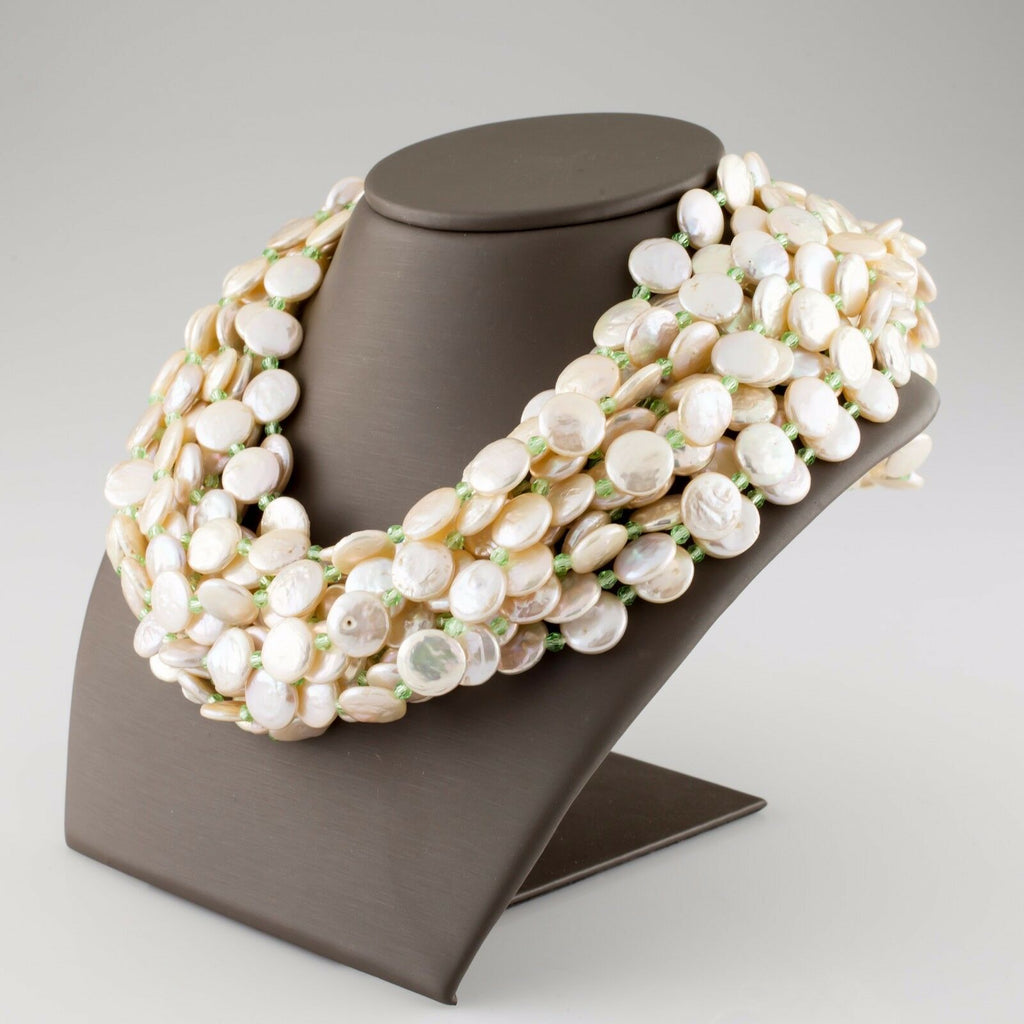Cristina Ferrare Coin Pearl Multi-Strand Bib Necklace 18k Gold Clasp