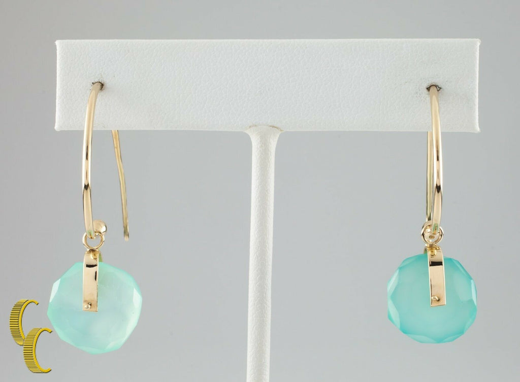 Unique Modernist Gold Tone Hook Earrings w/ Dangling Blue Quartz Wheels