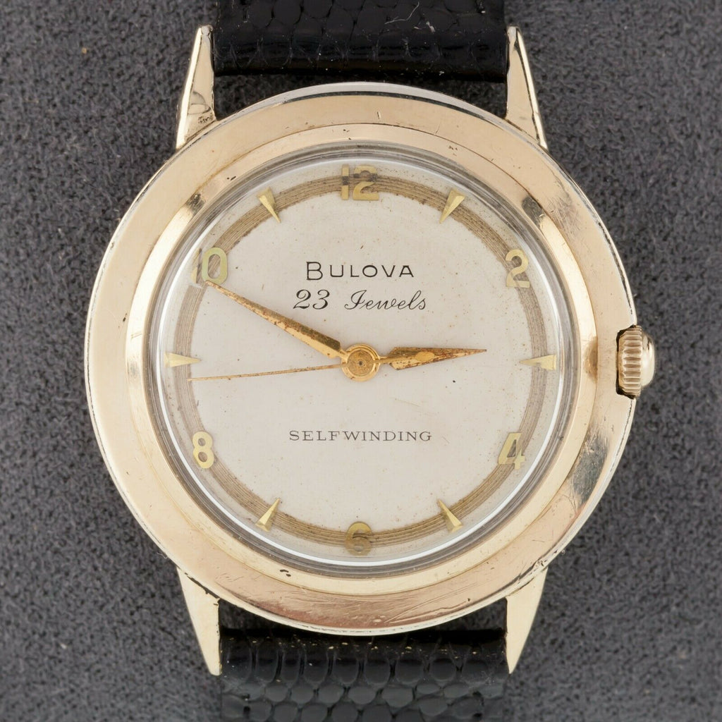 Bulova 10k Rolled Gold Plate Self-Winding Men's Watch w/ Black Leather Band