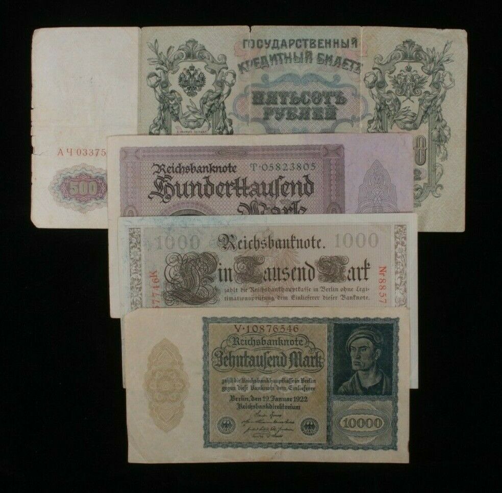 Germany & Russia 4-Notes Lot // Large-Size German Mark & Russian Rubles