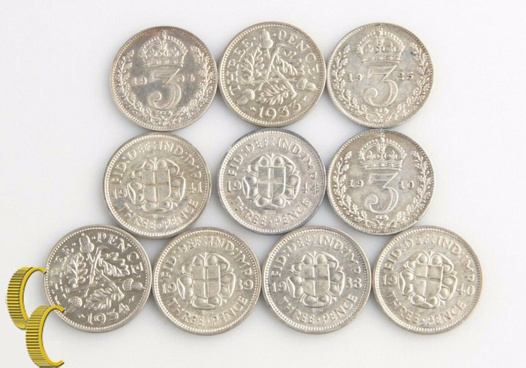 1904-1944 Great Britain Threepence Lot (VF-MS, 10 coins) Silver 3 Pence England