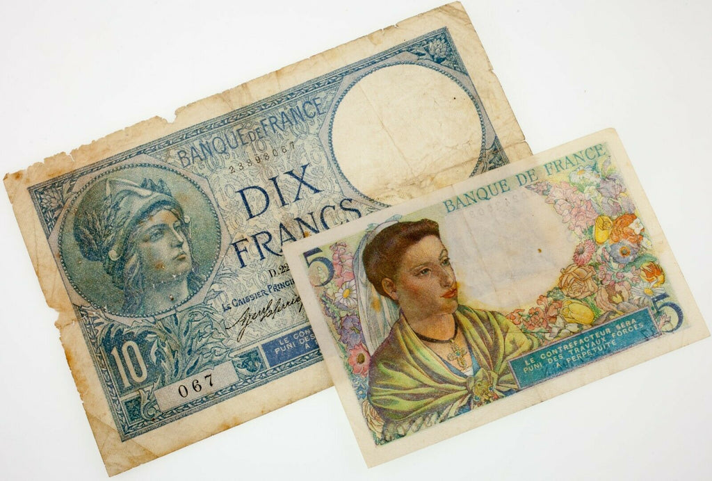 Lot of 2 World War France Notes (1916 10 Francs VG+, 1943 5 Francs VF) Nice Lot!