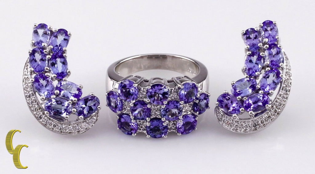 Iolite and Diamond 14k White Gold Earring and Ring Jewelry Set By Sonia B