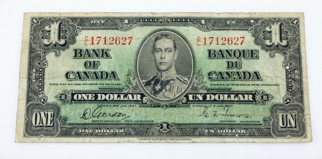 1937 Bank of Canada One Dollar Bank Note (F) Fine Condition Pick# 58b