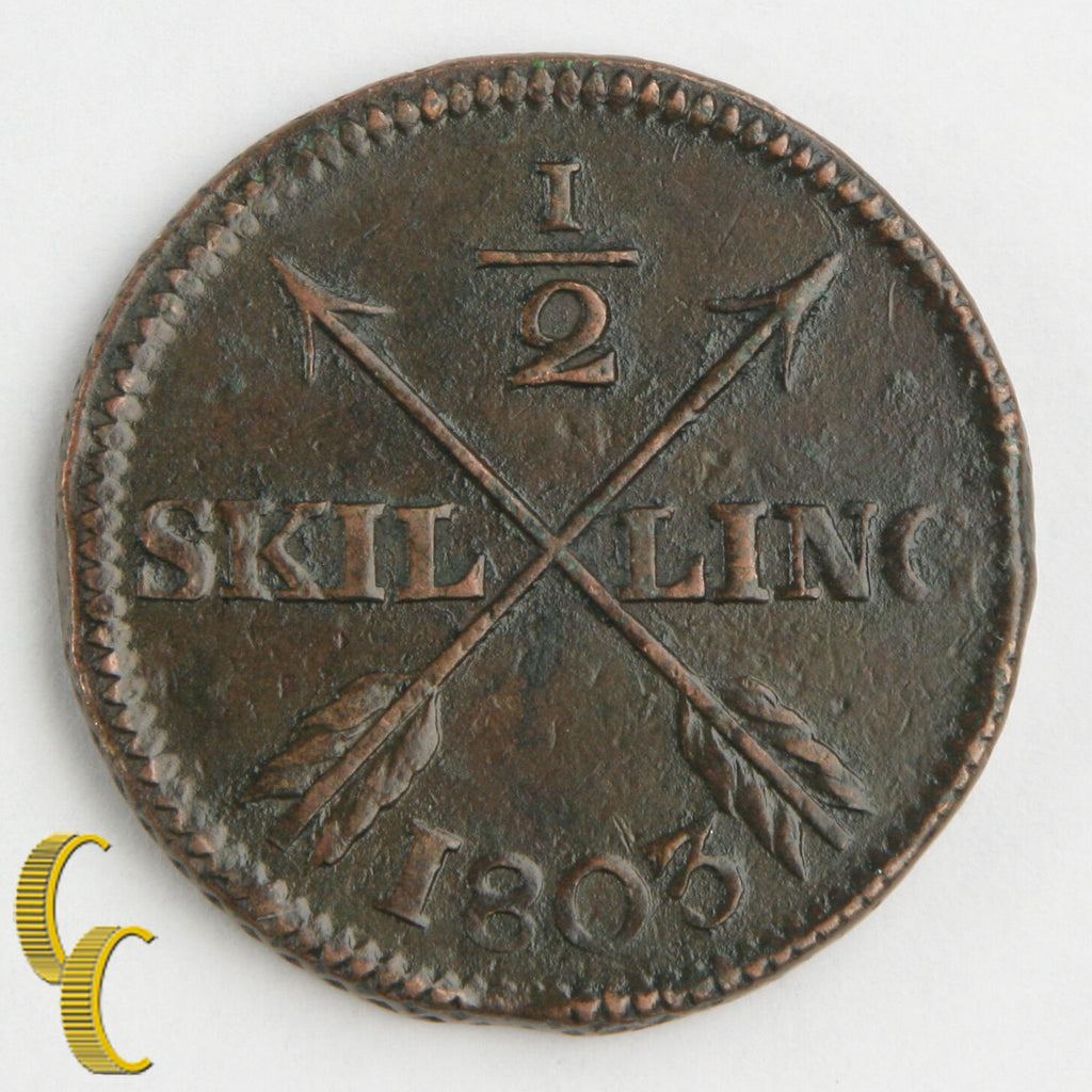 1803 Sweden 1/2 Skilling in XF Condition, KM# 565