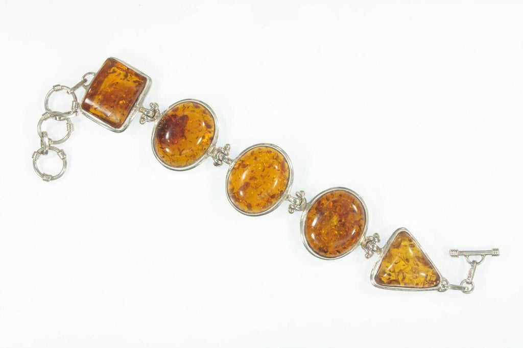 Wide Five Stone Amber Statement Piece Sterling Silver Toggle Bracelet!